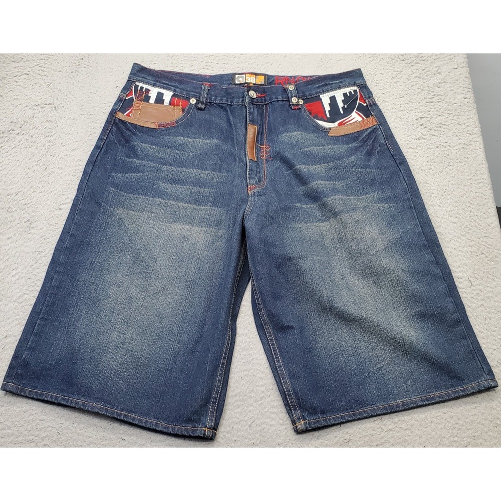 Akademiks Y2K Baggy Shorts‎ Mens 38 Blue Denim Casual Flat Front 5-Pocket Design